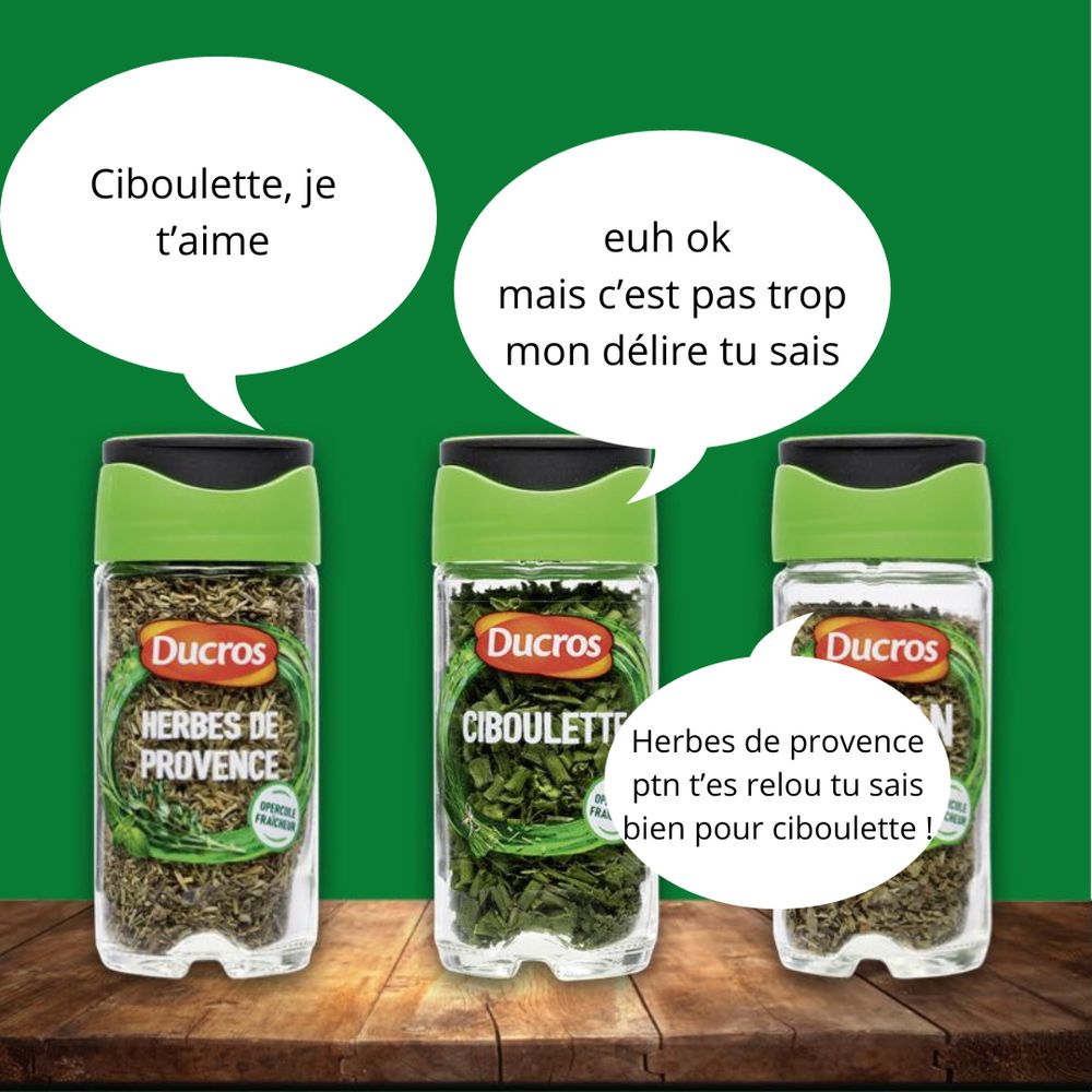 trois pots d'herbes aromatiques Ducros. Herbe de provence dit "ciboulette, je t'aime"
ciboulette répond "euh ok mais c'est pas trop mon délire tu sais"
Origan intervient "herbes de provence ptn t'es relou tu sais bien pour ciboulette !"