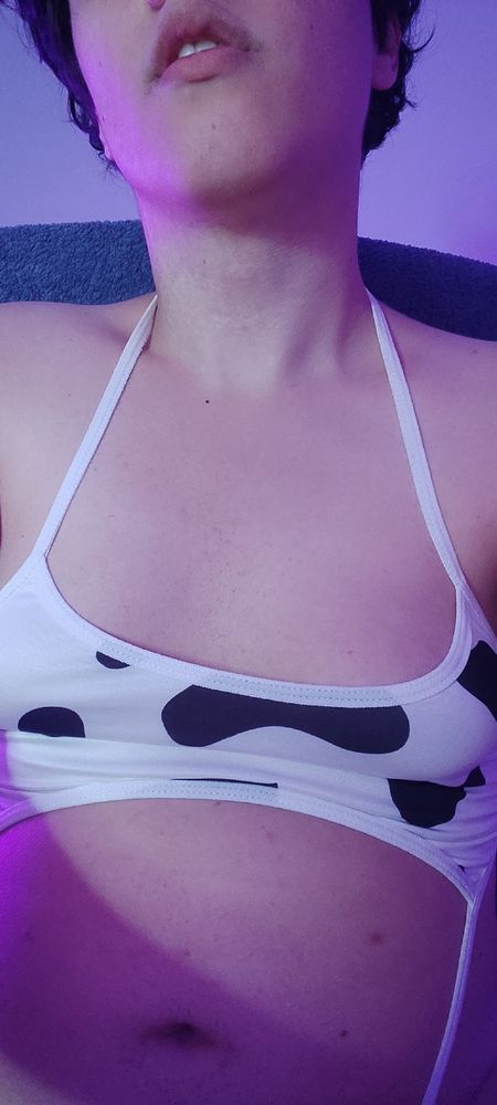 Emmy in her cow bikini.