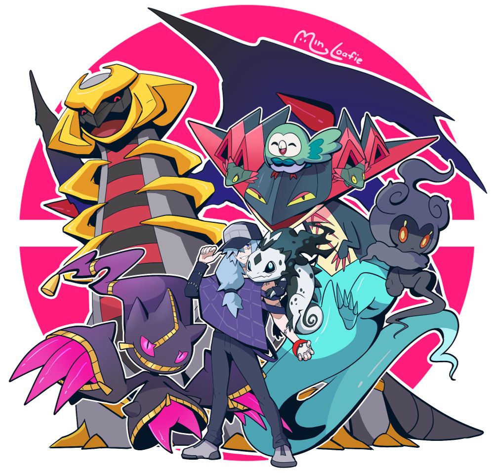 Mahito from Jujutsu Kaisen interpreted as a pokemon trainer. Pokemon depicted in his team includes Mega Banette, Dragapult, Marshadow, Shiny Rowlet, Giratina, and a fanmade lizard pokemon reffed from Pokedexfillers called Karmeleon.