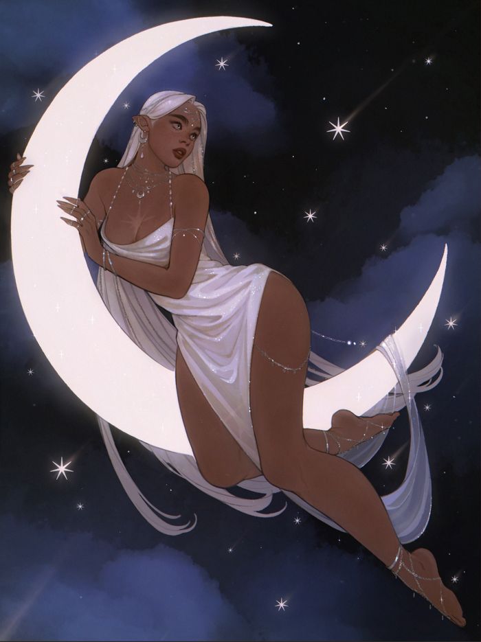 a woman in a white dress sits on a crescent moon in the sky, holding onto it with both hands and peering over her shoulder. she is lit up by the moonlight.