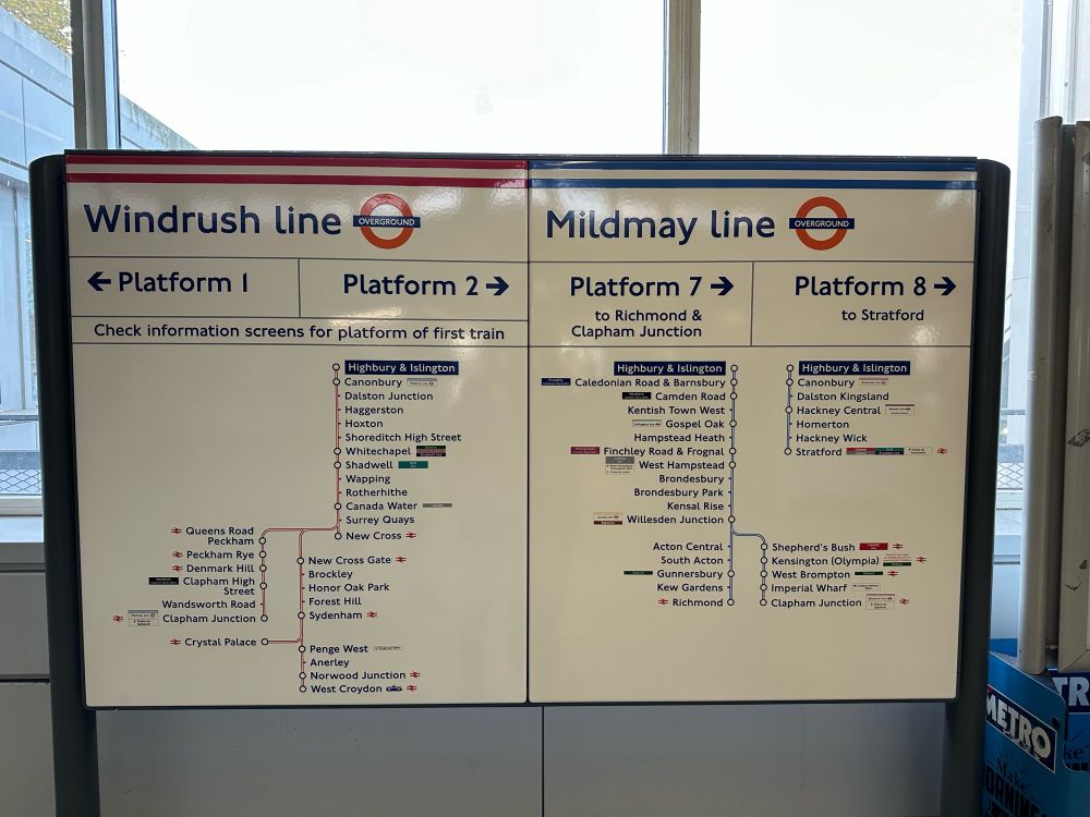 Photo of two large enamel signs next to each other. The one on the left has the title Windrush line and 2 red stripes. The one on the right says Mildmay line and has 2 navy blue stripes.