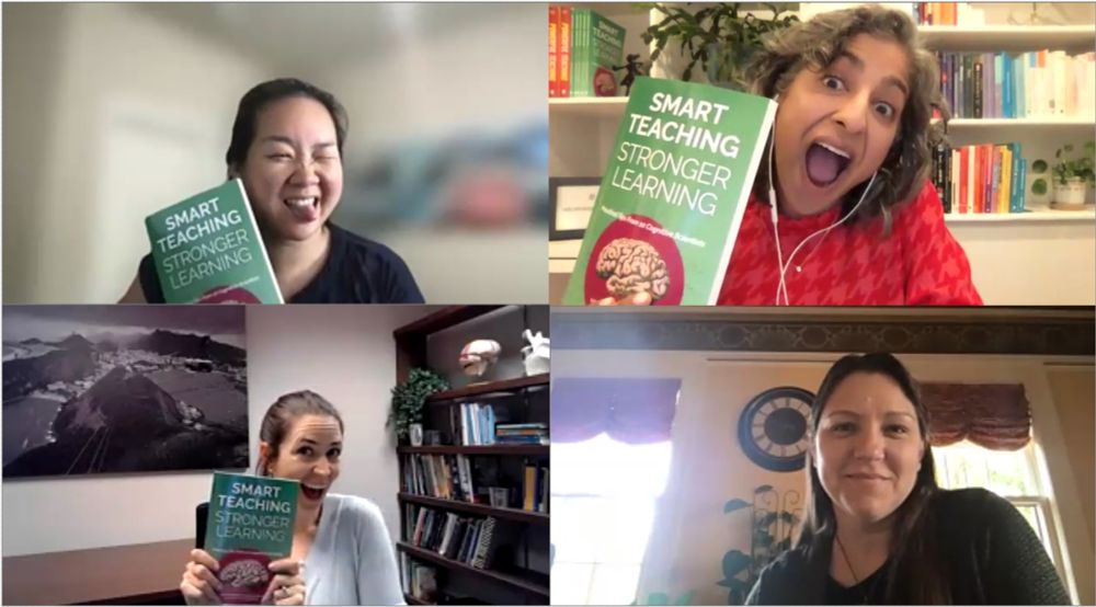 Four scientist-teachers holding up the book Smart Teaching Stronger Learning 