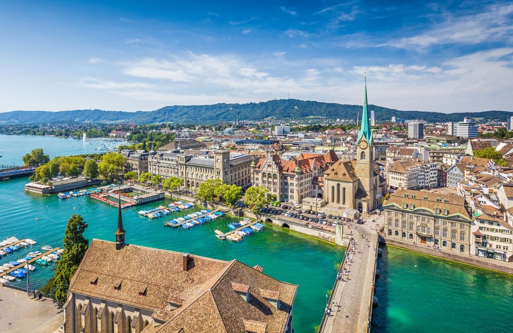Zurich, river Limmat and Fraunmünster church