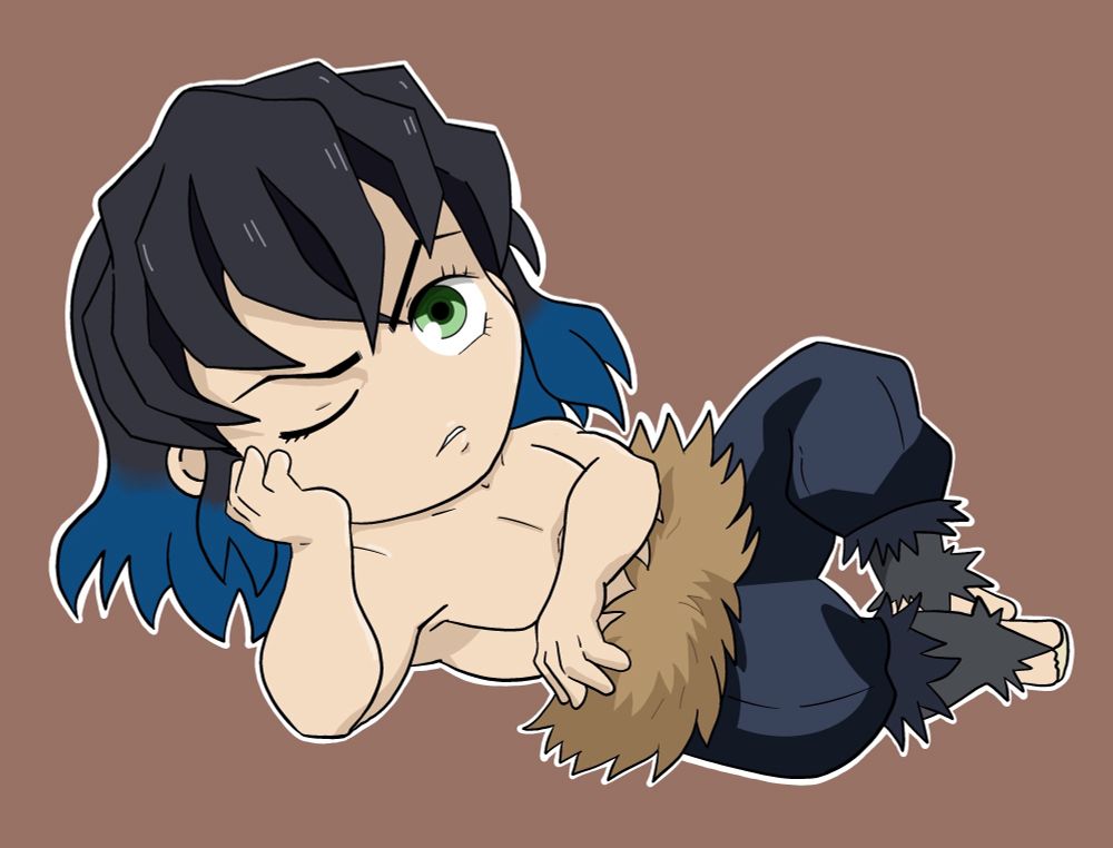 This is Hashibira Inosuke, master of beast breathing, from Kimetsu no Yaiba (Demon Slayer). He is not wearing his boar head head covering mask so we can see his shoulder length black hair with blue ends & his pretty green eyes. He’s so pretty that he looks like a girl but his manners & crass behavior (& being shirtless most of the time) lets everyone know he’s a strong, fierce, manly warrior. He’s just chillin’ lazily with one eye closed here.