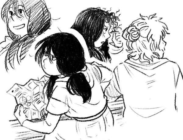 A digital pencil illustration of two comic characters with an assortment of facial expressions.