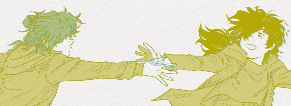 A digital illustration of two comic characters reaching for each other as they spill towards the left-hand side of the canvas. Their overlapping hands are semi-transparent.