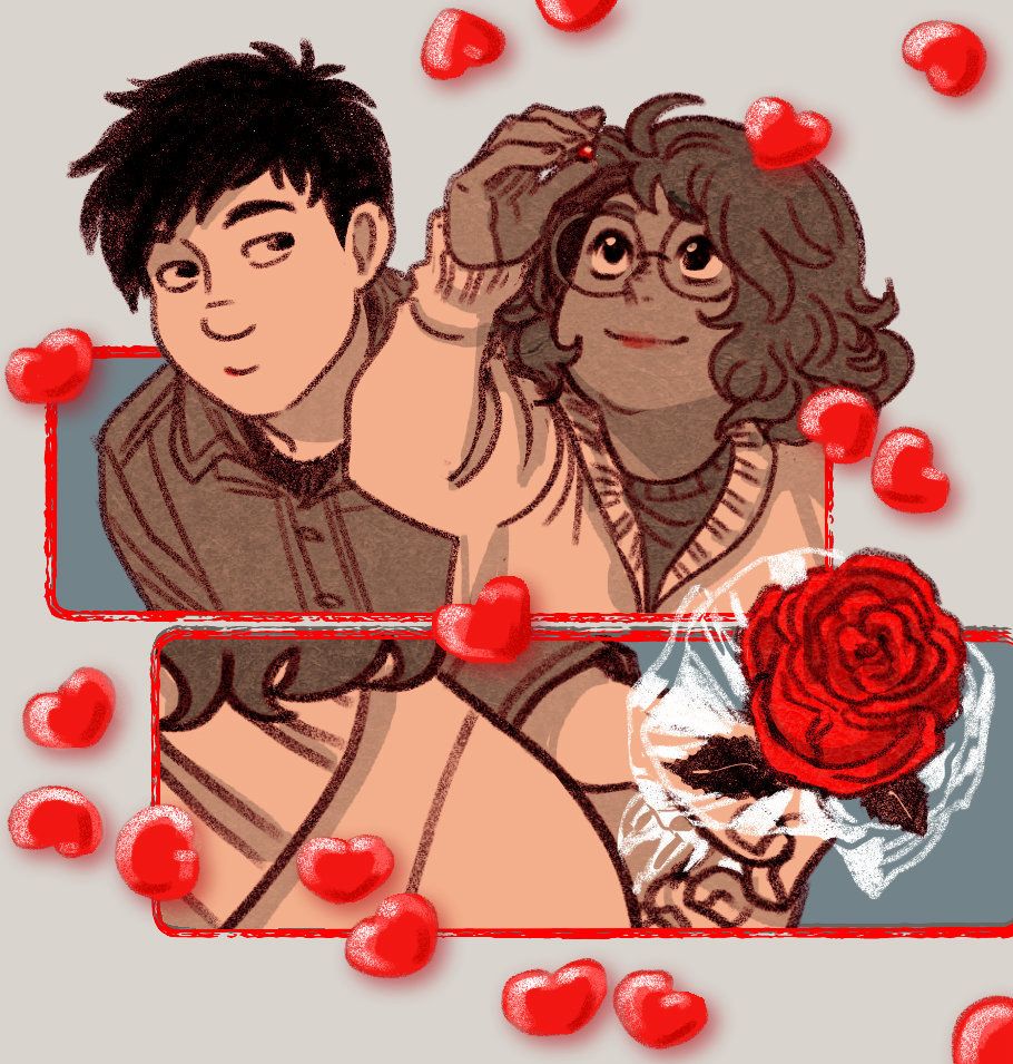 A two-panel comic featuring two characters. One character peers at a cinnamon heart candy pinched between her fingers while the other hides a single rose behind her back.