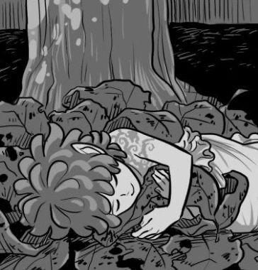 A digital comic illustration of a character napping in a pile of large speckled leaves.