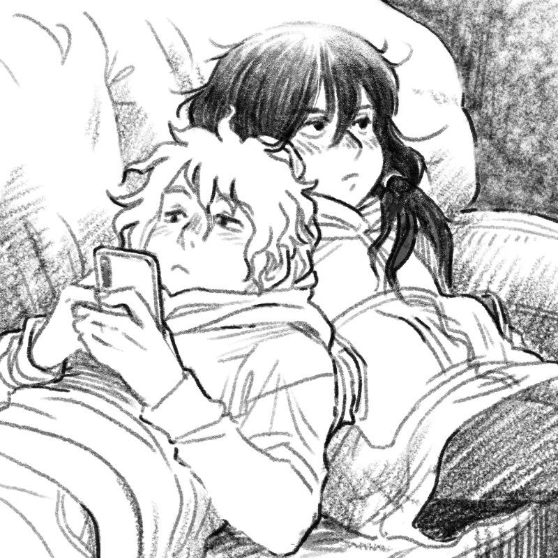 A digital illustration in the style of a pencil sketch, featuring two comic characters sitting on an overstuffed couch. The first character leans on the second's shoulder and gazes at a phone; the second has their hands tucked into their hoodie pocket. Their expressions rest between disinterested and slightly disgruntled.