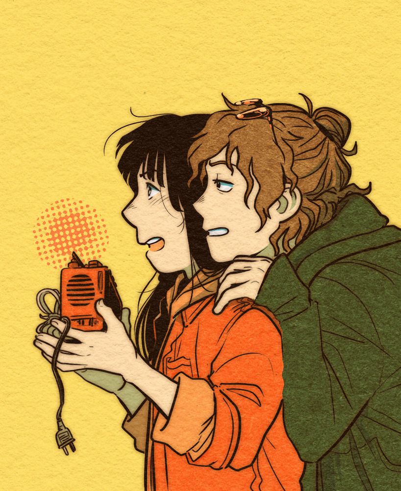 A digital comic illustration of two teenagers, one wearing an eager look and holding a device that appears to be broadcasting a signal despite being disconnected. The other wears a skeptical expression and leans on the first character’s shoulder.