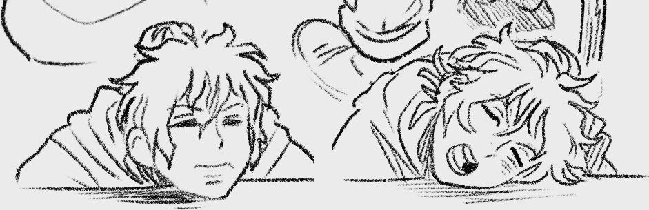 Two digital sketches of a person resting his face on a table. He doesn’t look pleased to be awake.