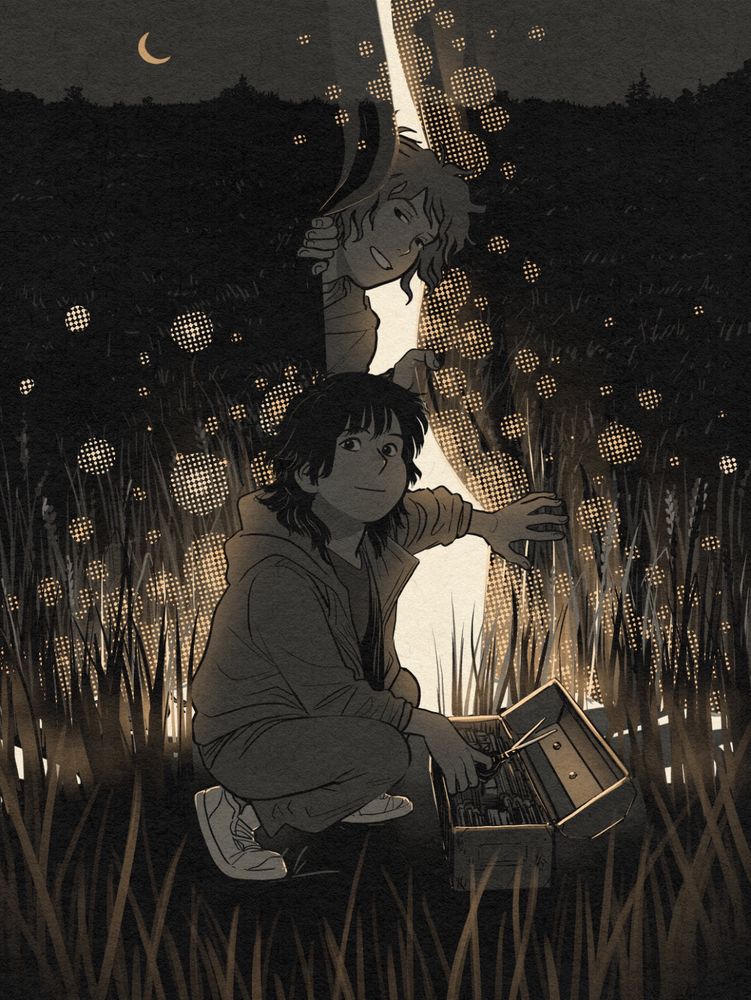 A digital ink illustration of two people in tall grass at night. One holds a pair of scissors. The background has been cut into a pair of curtains and a strong glow emanates from behind them.