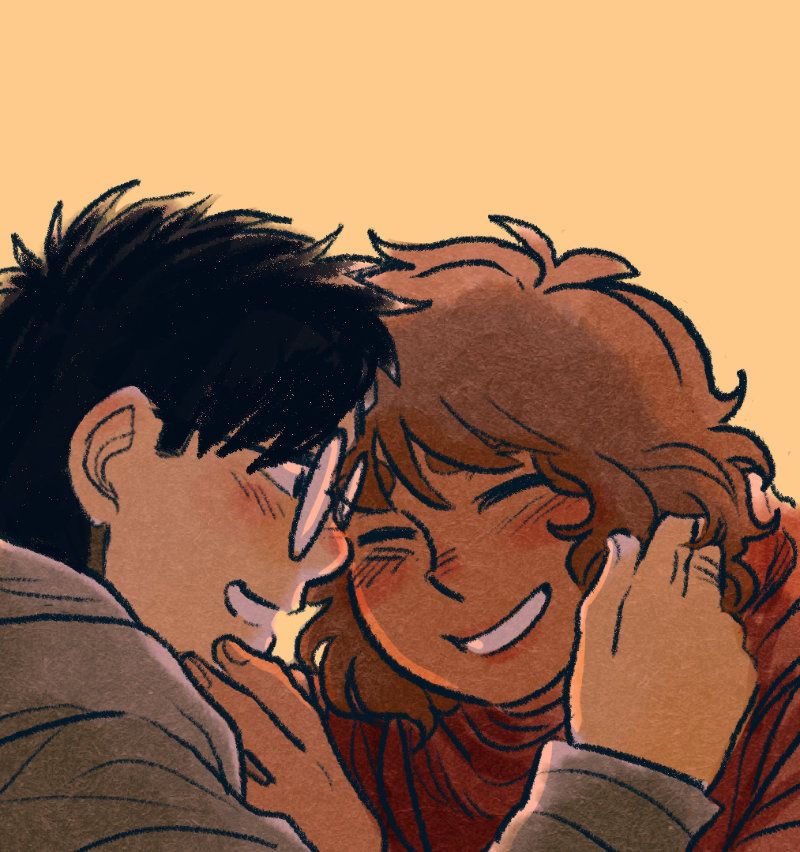 A digital marker illustration of the two main characters from the graphic novel Crumbs. One has borrowed the other's glasses; each has a hand on the other's face, and both are laughing.