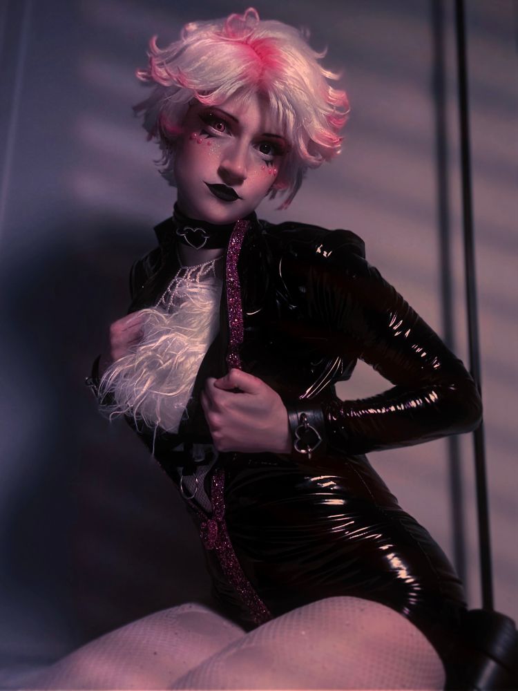 Cosplay of Angel Dust from Hazbin Hotel.
Caption is a reference to Lovesick by guccihighwaters and Ellise