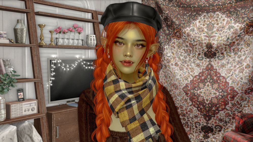 Head shot photo in the living room of a cute orc girl with ginger braided hair wearing a yellow scarf and a leather cap
