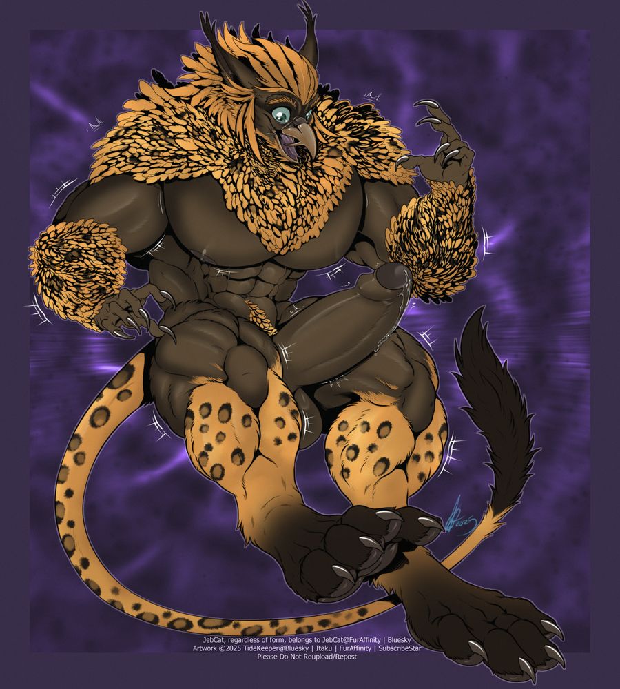 JebCat (usually a hrothgar - pantherine humanoid with a gold lion's mane, gold fur with leopard-spots over his chest, shoulders, back, forearms, shins, and tail, medium-brown fur over his main body, and green eyes, belonging to @JebCat), drawn here post-transformation.  He is now a more muscular version of himself, with a gryphon's features: a fanged beak has replaced his muzzle, and feathers have replaced the fur of his upper body, including the golden mane.  His feet have become digitigrade paws, darkened toward the toes, similar to the darkened tip of his leonine tail.  He is surprised but excited by this transformation, and glances himself over as his body continues to grow larger and stronger, with his exposed arousal twitching with excitement.  He is oblivious to any onlookers, distracted by his new (and growing) body.