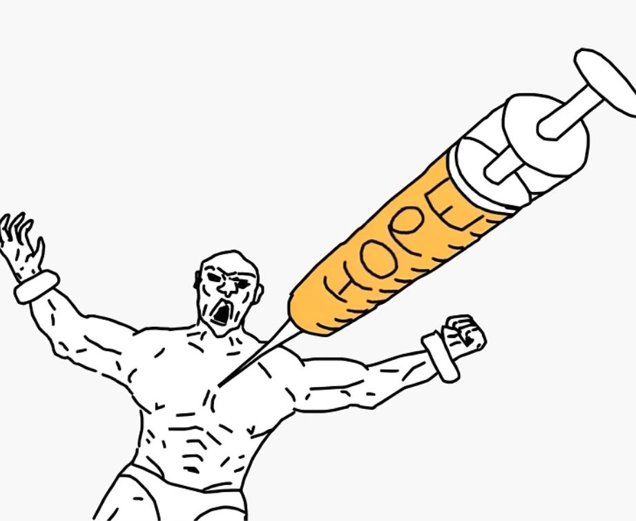Wojak musculado inmovilizado y con el pecho expuesto, recibiendo una inyección cómicamente grande etiquetada con la palabra "hope".
