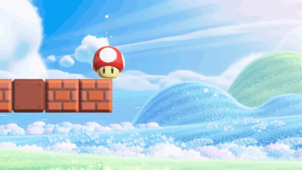 a video game scene with a mushroom on top of a brick block