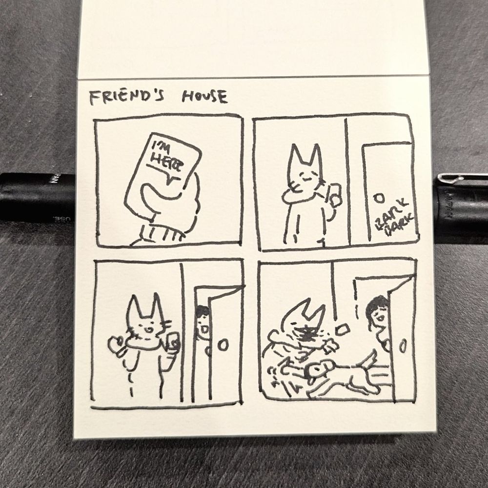 Panel 1: texting your friend you're at their house
Panel 2: hearing dog bark
Panel 3: friend about to say hi
Panel 4: getting absolutely destroyed by a dog gut punching you out of excitement 