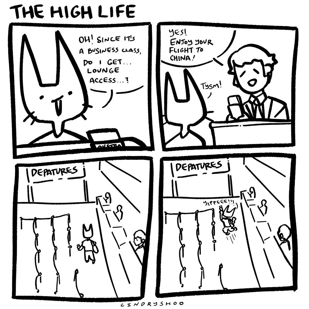 4 panel comic about getting a business class upgrade on a flight