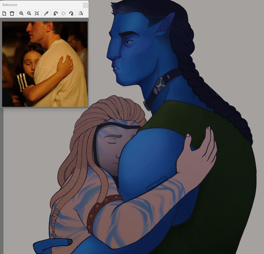 A drawing of Miles Quaritch and Spider Socorro from Avatar: The way of water in a bitter sweet embrace. Based on a shot from the movie Aftersun 2022