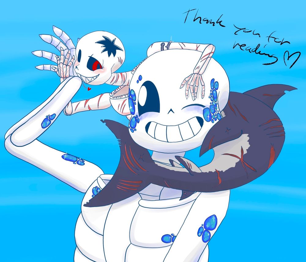 The Prince and the Ruffian
Text says: Thank you for reading❤️
It's Horror and Sans again except in their more detailed, more og designs, where Horror has his fish hook ornament, old scars all over his body and rips in his fins. Sans has the cute blue scale things scattered all over his skeleton part. Their bodies glow in their signature red and blue colours. They'll never appear like this in my comics because it'd slow down the drawing process significantly, this particular comic would've taken me years in this style.
Horror is circling Sans' head, holding his hand to plant a kiss on his wrist. They both look happy.