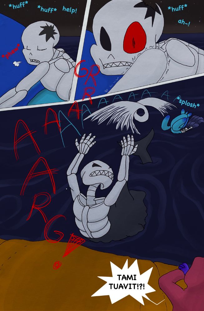 While Sans is still freaking out, Horror holds Sans' shell and exhales. He growls and supplexes Sans' shell so Sans goes flying with flips and lands face-first to the sea farm from the shore. Horror's right arm cracks and loses a little piece of bone thanks to the immense strain of this move. Sans screams as he goes, but falls silent when hitting his face. One of the humans shouts "Tami tuavit!?!".