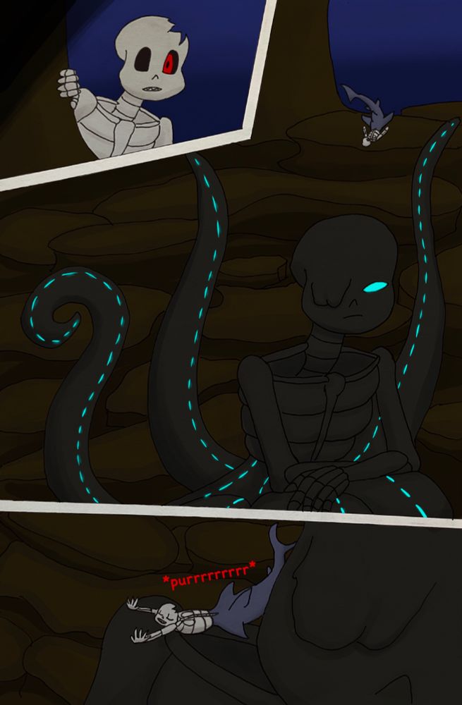 Timeskip from previous page, Horror took the pilot fish back to Dust and now peeks from behind a rock pillar, and seeing Nightmare in his big form alone, swims down to him to his dark rock lair. Horror lands on his right shoulder with a big stretch and immediately starts purring.