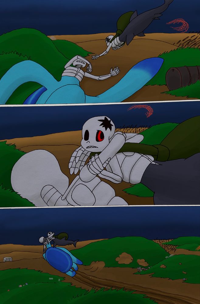 Horror swims to Sans, who's lying unconscious at the bottom of the shallow sea. He lifts him from under one arm, taking one final look that the humans are not after them, and swims away pulling Sans along the seafloor, among various human trash. There's no anger, only a sad, silent "why?"