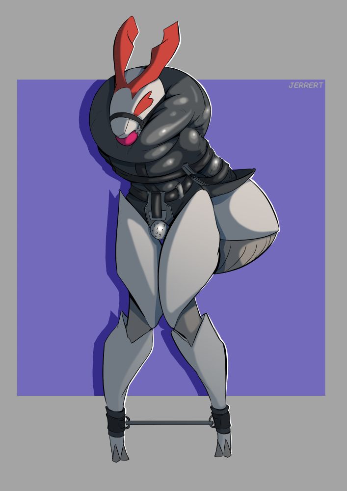 Maki is wearing a reverse straitjacket ball gag and a poofy collar!