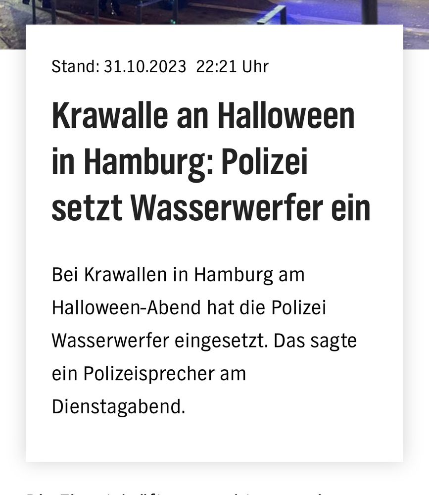 Krawalle in Hamburg an Halloween. Bild einer NDR Meldung von heute