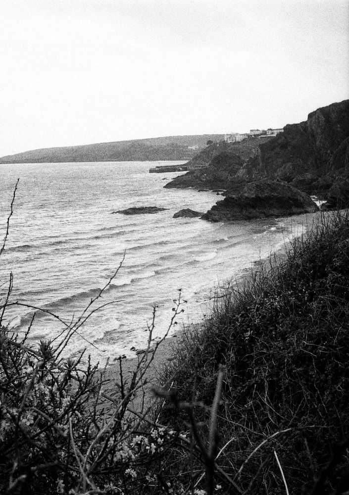 Mevagissey coast, black and white.