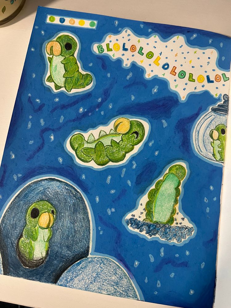 A sketchbook page with a deep blue background featuring 5 grubs from Hollow Knight colored with colored pencil. One grub is sitting, one is laying on its back, one is burrowing into the ground, one is in a hatchery pod, and one is in the glass jar that the hollow knight must rescue the grub from in the game. At the top, an attempt was made to spell the noise the grubs make in alternating blue, green, yellow, and brown lettering spelling BLOLOLOLOLOL. The lettering is making a wide wave pattern.