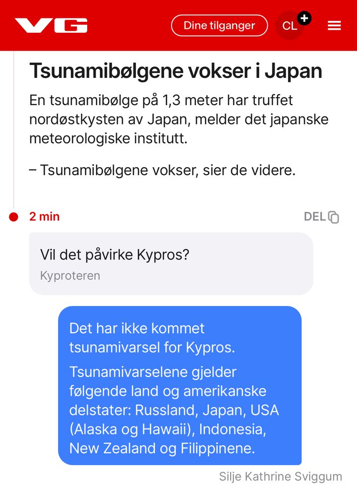 Skjermdump fra VG hvor man kan sende inn spørsmål om tsunamien i Stillehavet, og en person (anonym) har sendt inn spørsmålet: «Vil det påvirke Kypros?»
