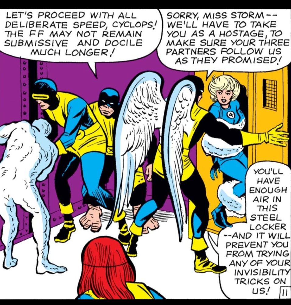 Classic Fantastic Four comic panel where the X-Men shove Sue Storm into a locker.