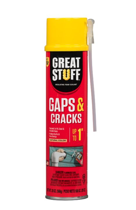 An image of a spray can of Great Stuff, a notoriously messy expandable foam filler.