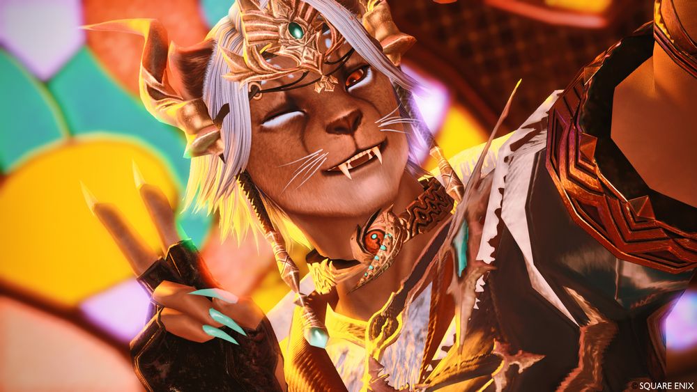 A hrothgar takes a selfie with the scenery of the Golden Saucer in the background.