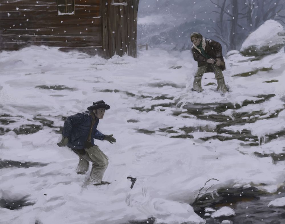 digital painting of two cowboys facing each other in the snow, one draws his gun, while the other looks in horror at his gun on the ground, having apparently dropped it