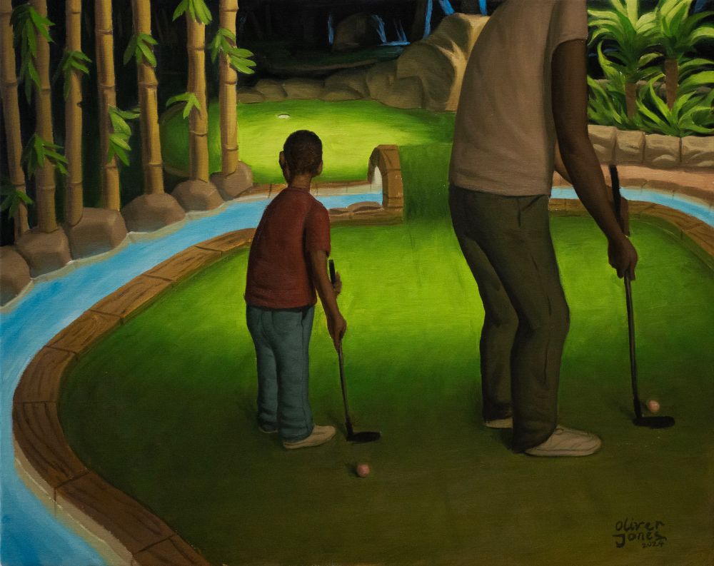 Oil painting of a boy and a man playing mini golf. The man lines up his shot as the boy waits for his turn.
