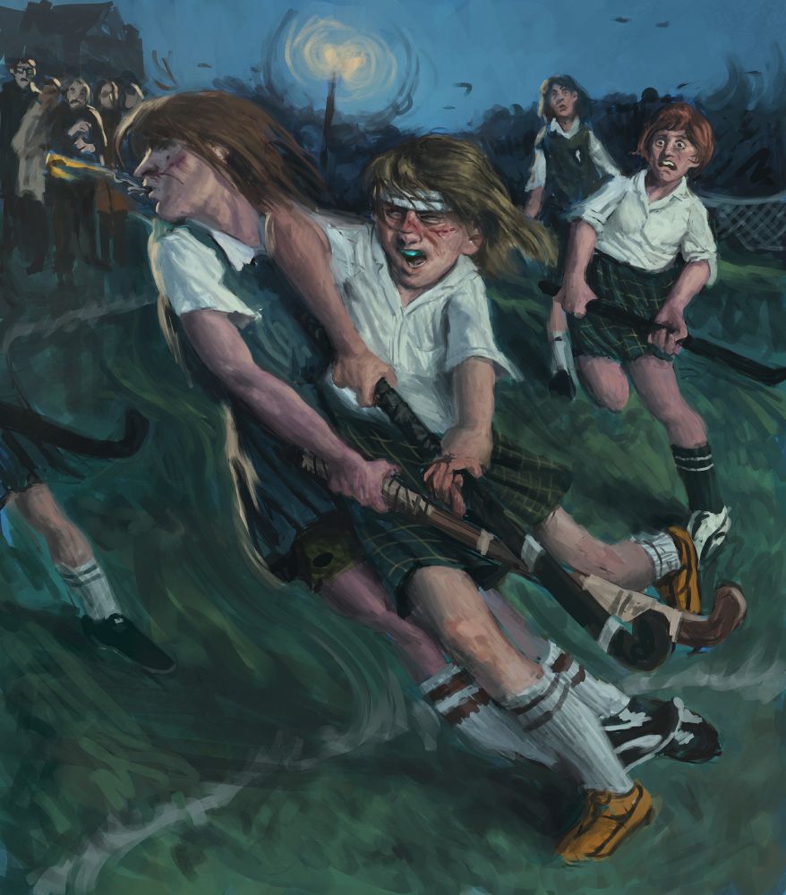 digital painting of girls playing field hockey. One girl barges violently in to another, knocking her gumshield from her mouth
