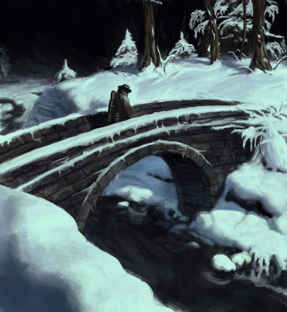 digital painting of a person crossing a stone bridge in a dark, snow-covered landscape