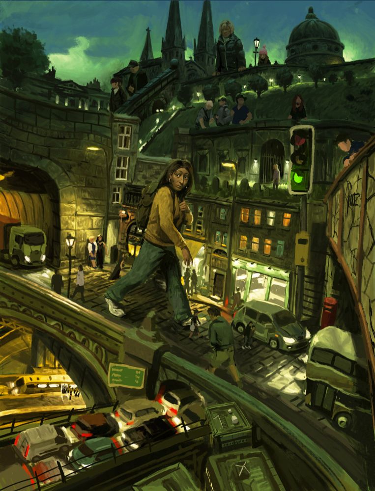 digital painting of a woman walking through a city street of unlikely proportions