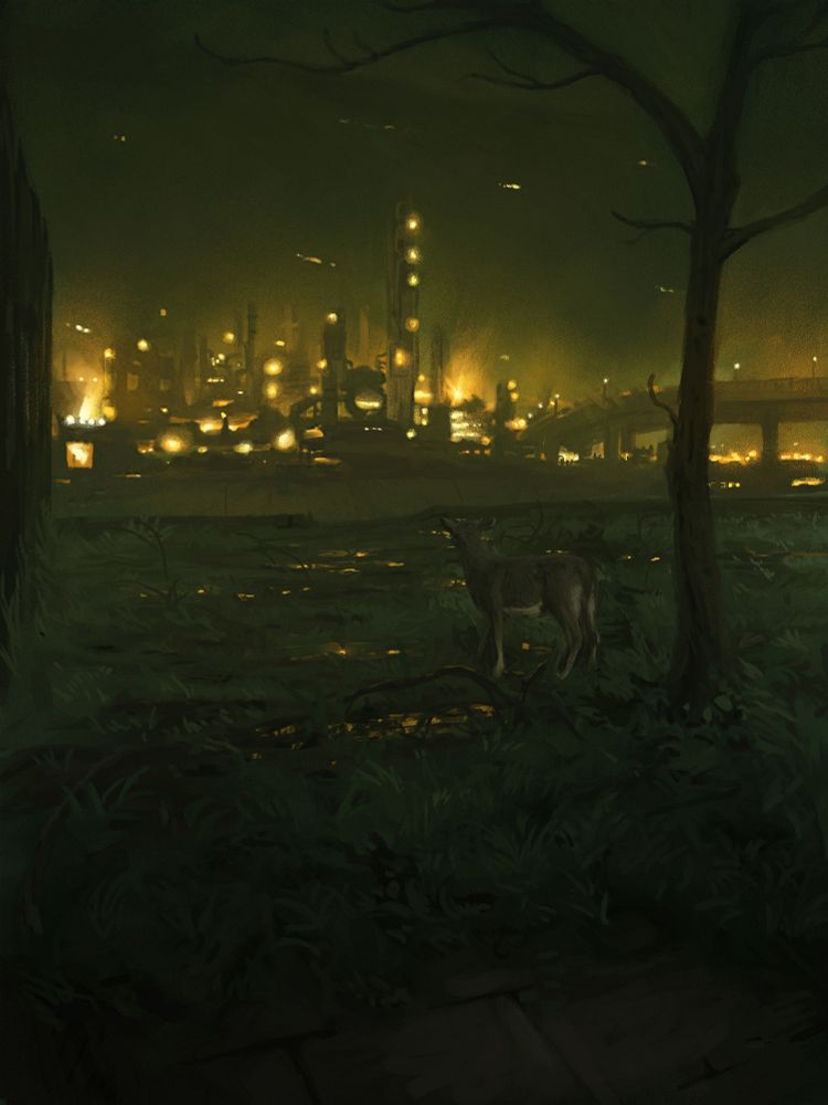 digital painting of a night-time scene of a deer looking at a refinery off in the distance