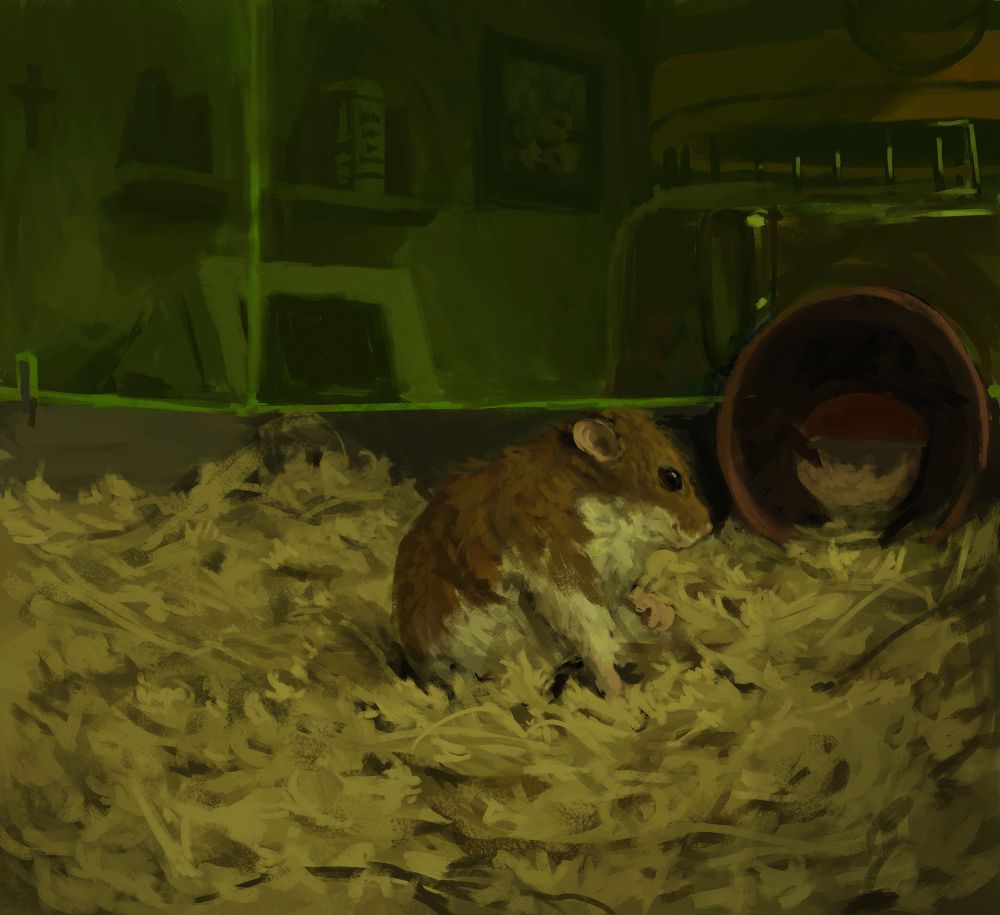 digital painting of a hamster sitting in a plastic cage. Outside a computer and bookshelf can be seen.