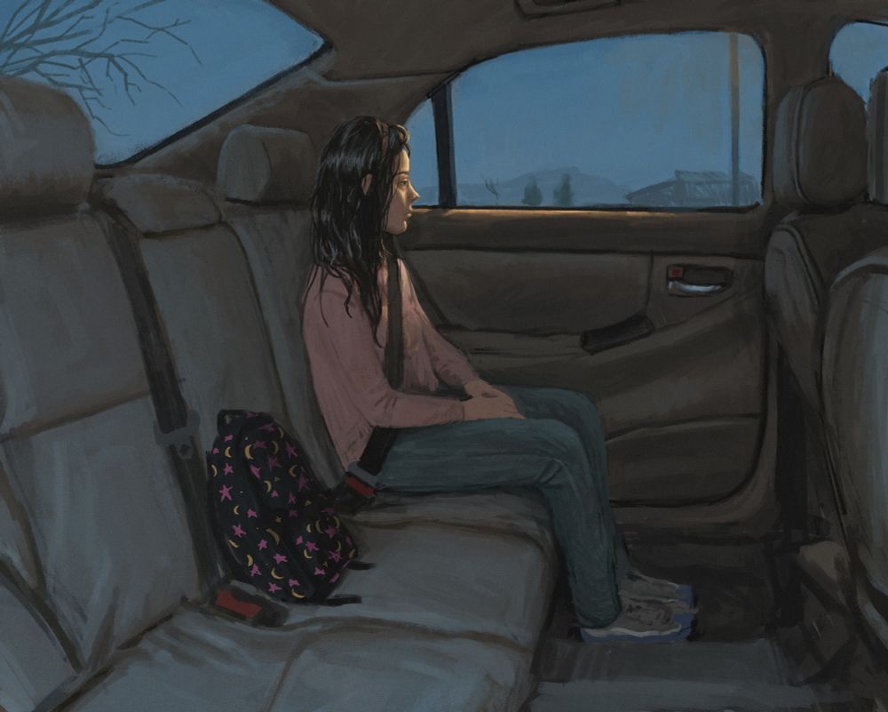 digital painting of a young girl sitting in the back seat of a car. She has wet hair.