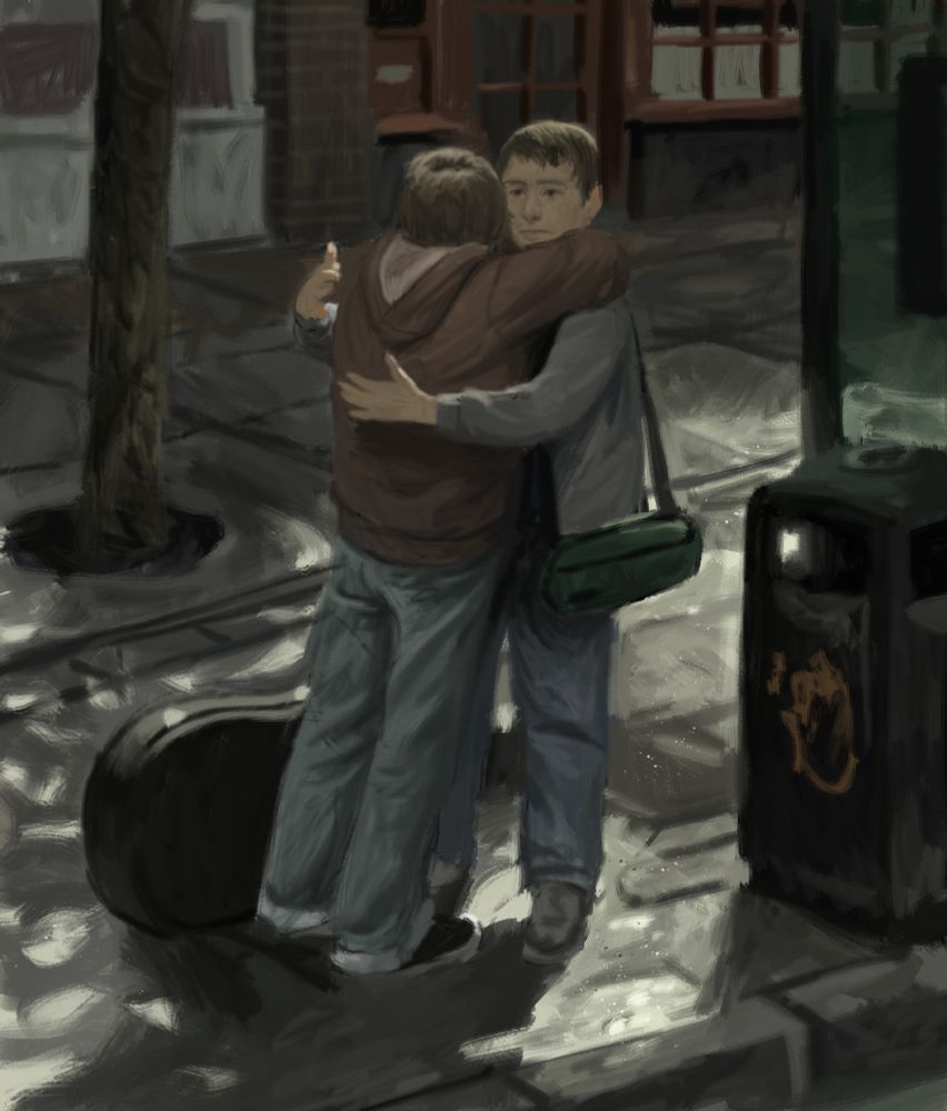 digital painting of two young men hugging. One appears to be more reluctant to embrace than the other