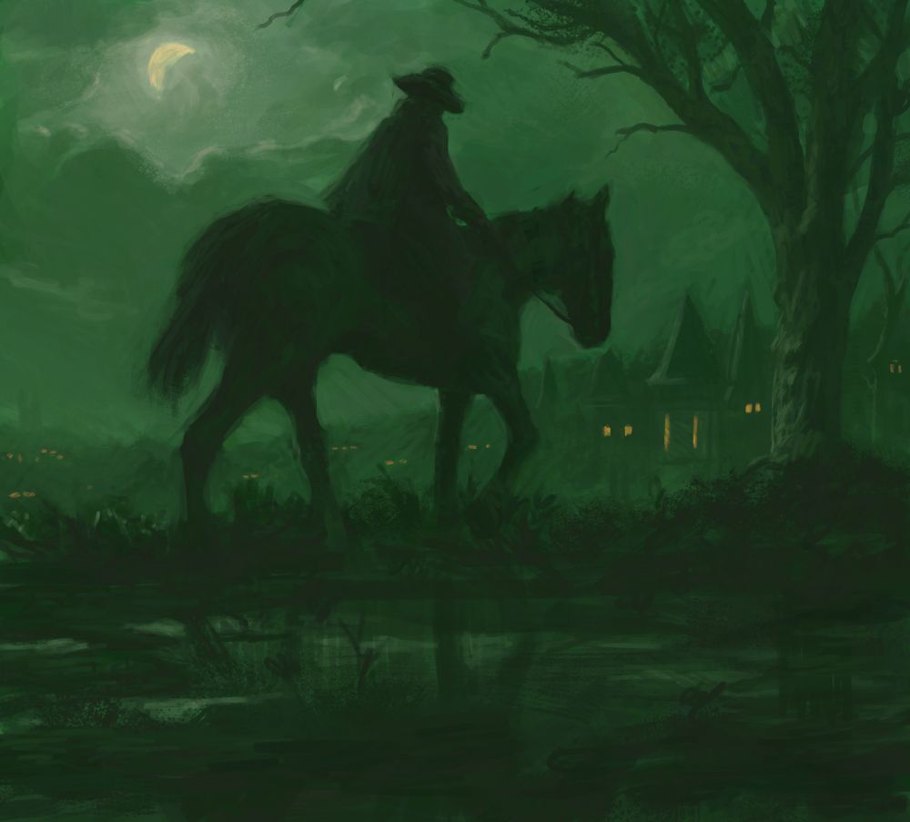 digital painting of somebody riding a horse, silhouetted against a moonlit sky