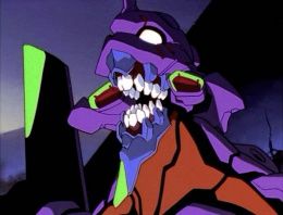EVA Unit 01 from Neon Genesis Evangelion with her mechanical mouth open, teeth exposed 