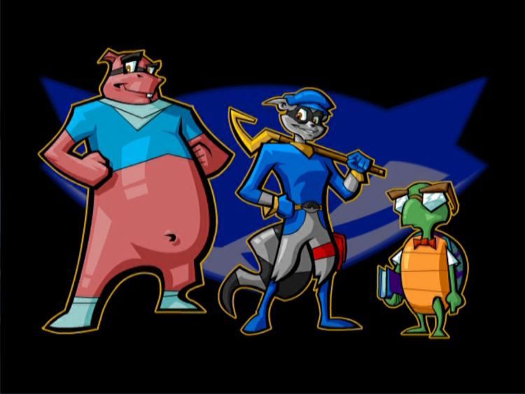 Picture from Sly 2 band of thieves. from left to right: 
Murray, a pink hippo with a blue t-shirt 
Sly Cooper, a raccoon with a cane and a yellow shirt 
Bentley, a green turtle with glasses and a red bowtie 
