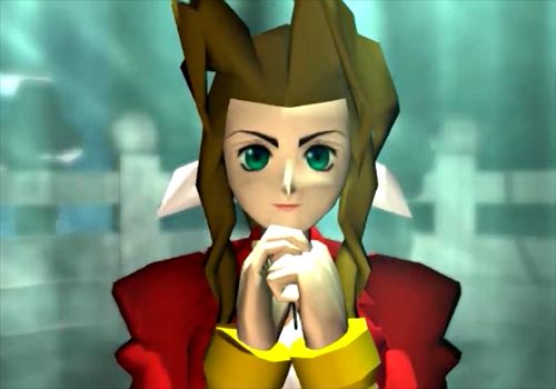 Aerith Gainsborough from the original Final Fantasy VII with her hands clasped together 